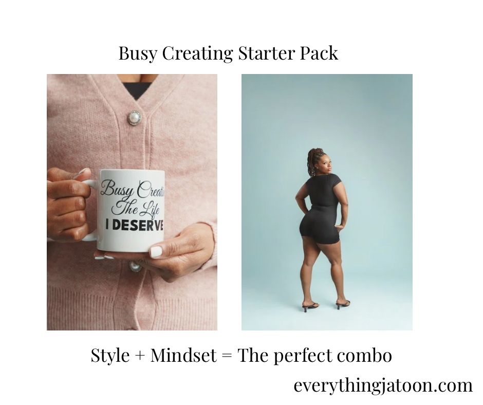 Busy Creating Bundle featuring the black active jumpsuit and Creator Energy mug, a stylish and motivational set from Everything Jatoon designed for creators on the move. 