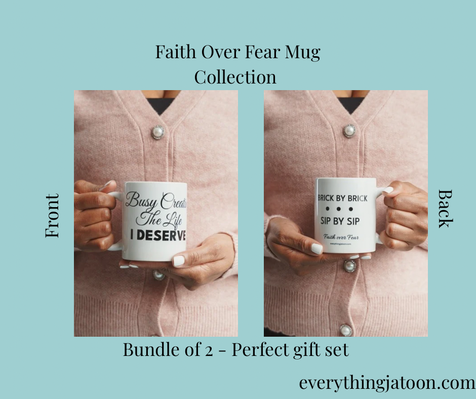 Faith Over Fear mug collection featuring two inspirational ceramic mugs with empowering designs by Everything Jatoon. 