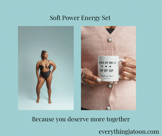 Soft Power Energy Set featuring the black and gold Creating swimsuit paired with the Creator mug - a confident, empowering lifestyle bundle by Everything Jatoon